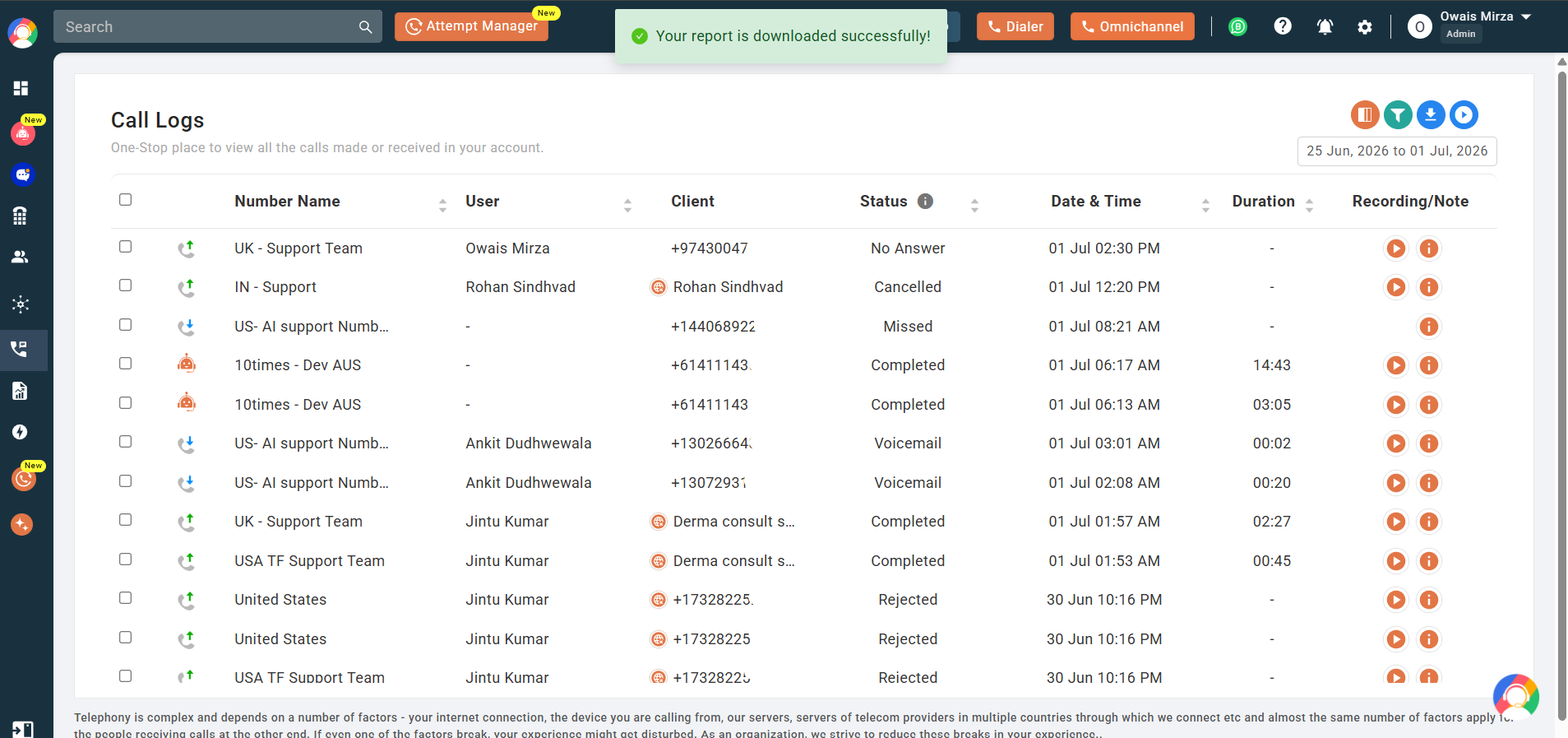Confirmation that the call log report was downloaded successfully