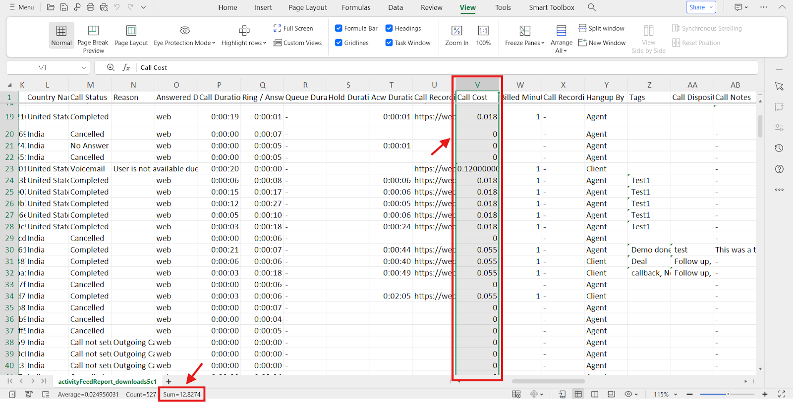 Call Cost column in the downloaded XLS file showing the sum of credits used