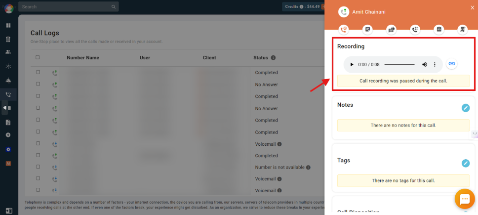 Call details panel with the recording player shown after clicking the info button