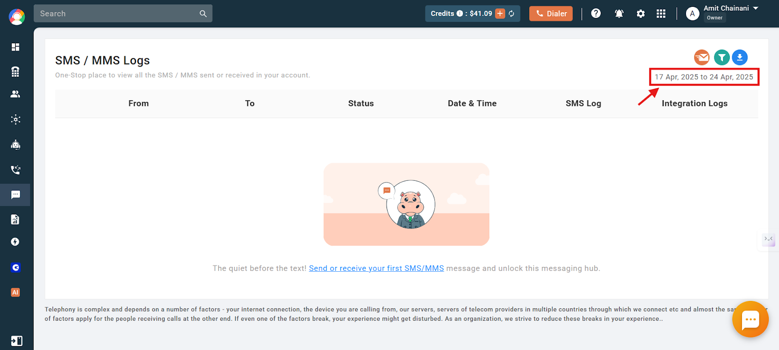 CallHippo SMS/MMS Logs page with the date range selector highlighted