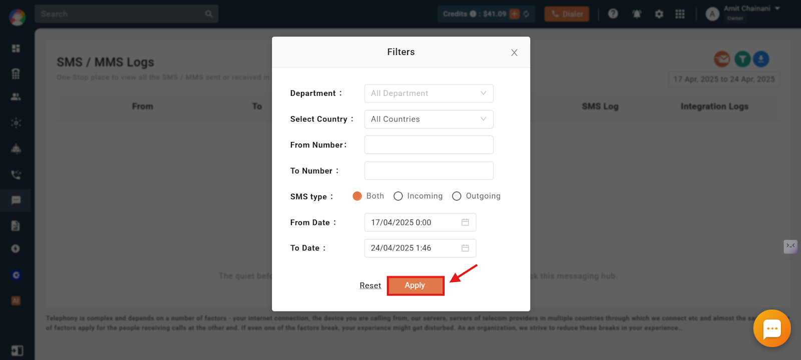 CallHippo SMS logs Filters popup showing department, country, number, SMS type and date fields with Apply highlighted