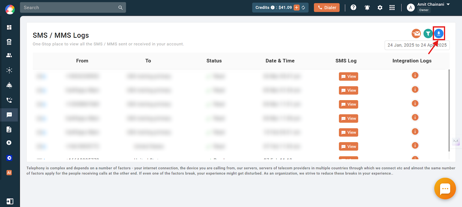 CallHippo SMS/MMS Logs list with the blue download icon highlighted in the top right
