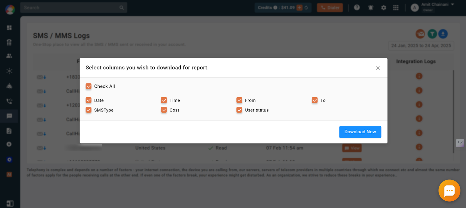 CallHippo column selection popup for the SMS report with Download Now button