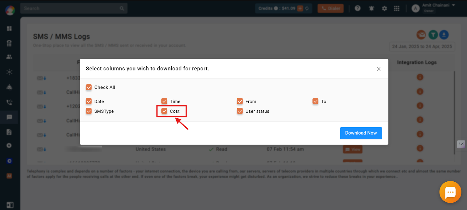 CallHippo column selection popup with the Cost checkbox highlighted before downloading