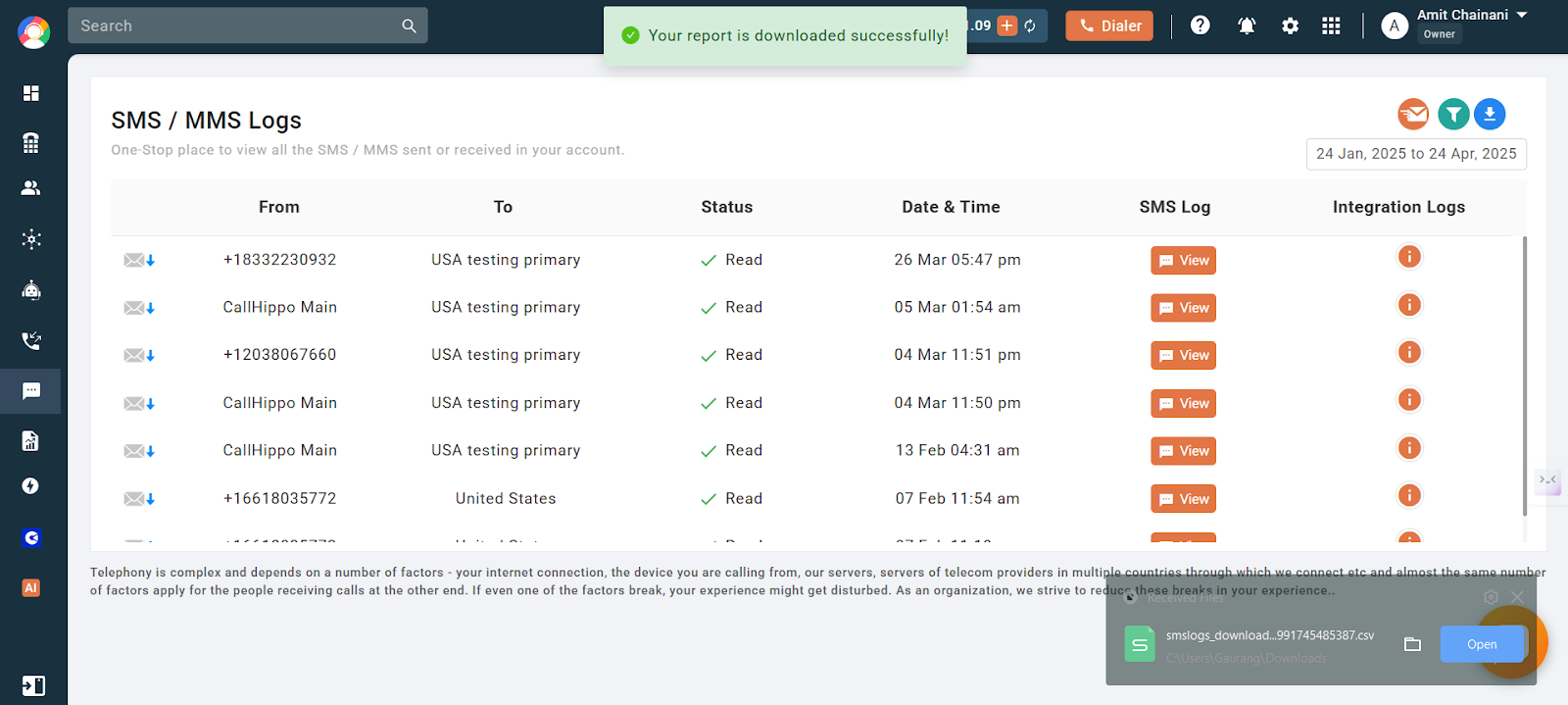 CallHippo SMS/MMS Logs page showing a report downloaded successfully confirmation