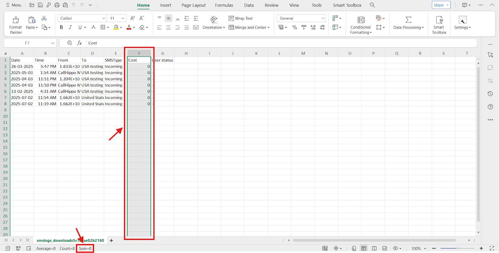 Exported SMS logs XLS file with the Cost column and its sum highlighted at the bottom