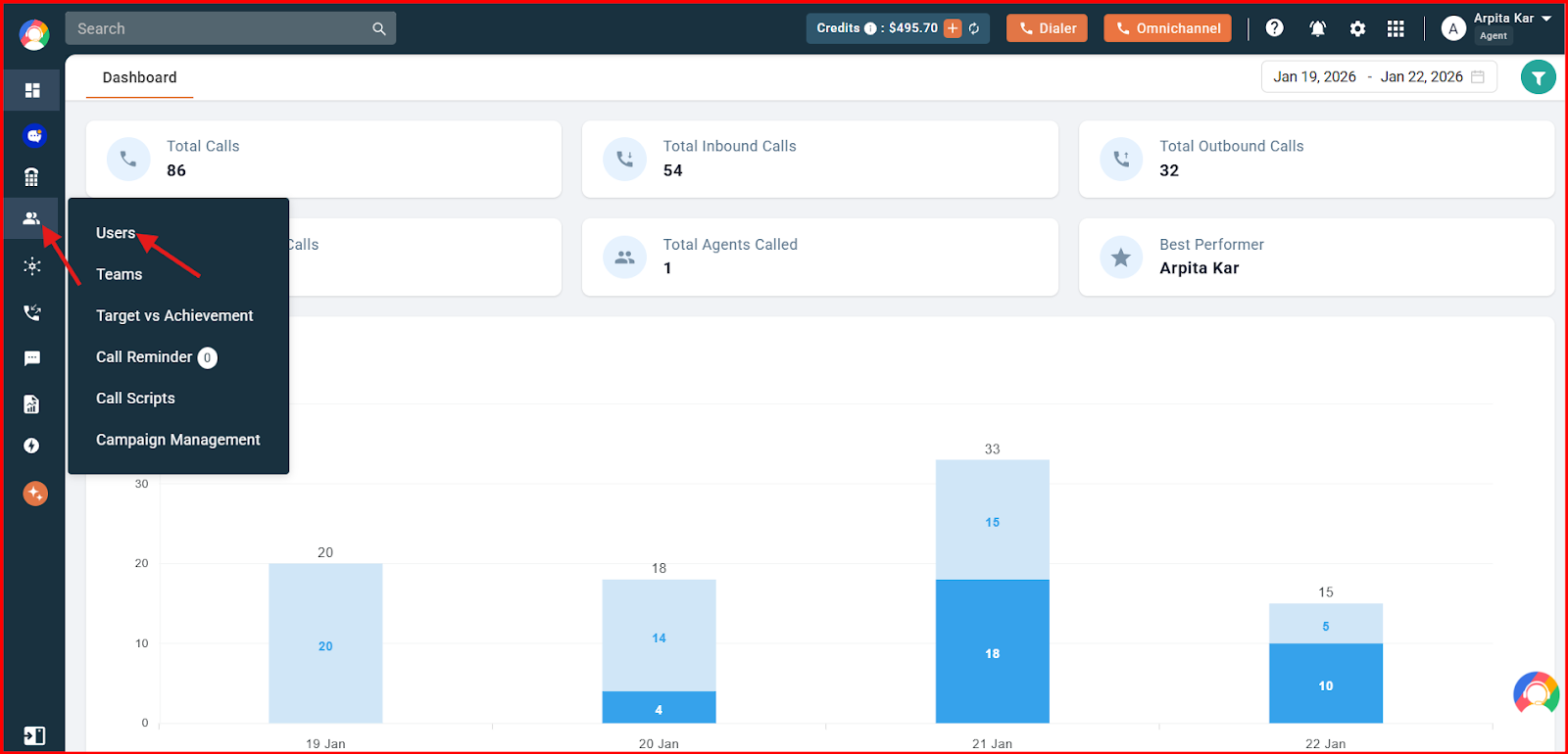 CallHippo dashboard with Users and Performance menu expanded and Users option highlighted