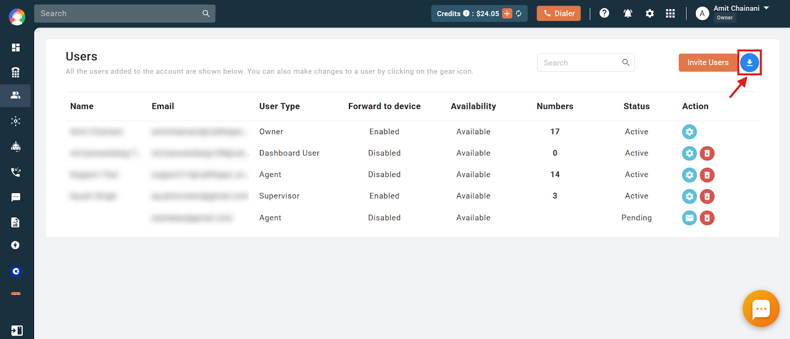 CallHippo Users page with the download button highlighted in the top right corner