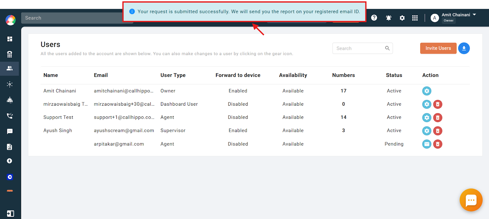 Confirmation message that the request is submitted and the report will be sent to the registered email