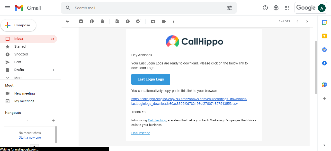 CallHippo email with a link to download the user report
