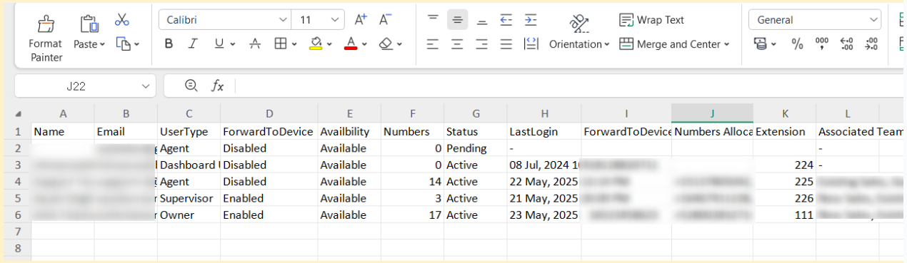 Exported spreadsheet showing user details including name, email, status and last login