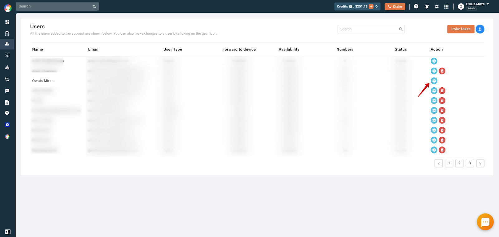 CallHippo Users list with the gear settings icon highlighted in the Action column