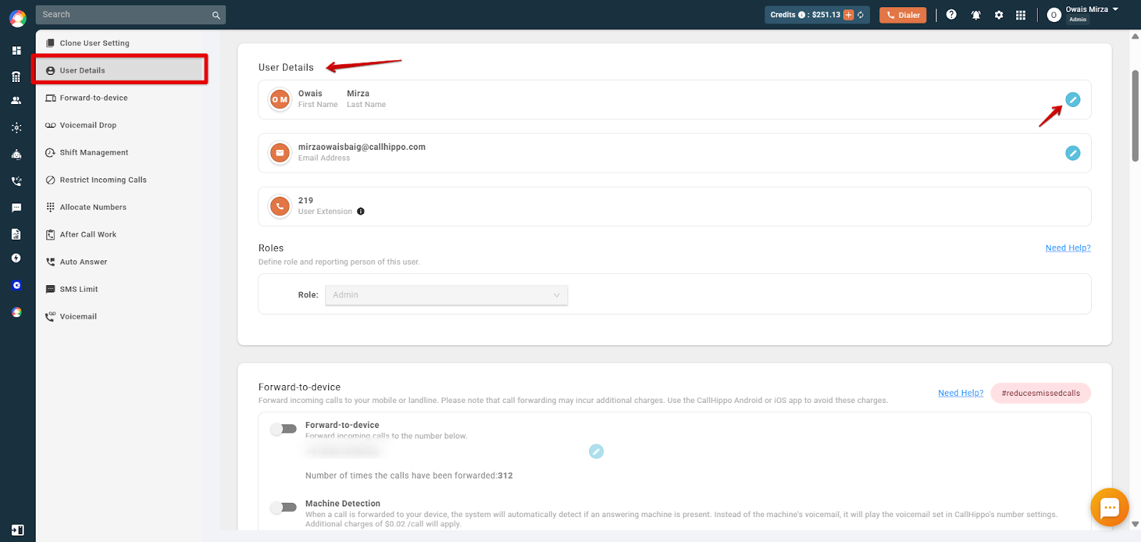 User Details tab showing First and Last Name fields with the Edit pencil button highlighted