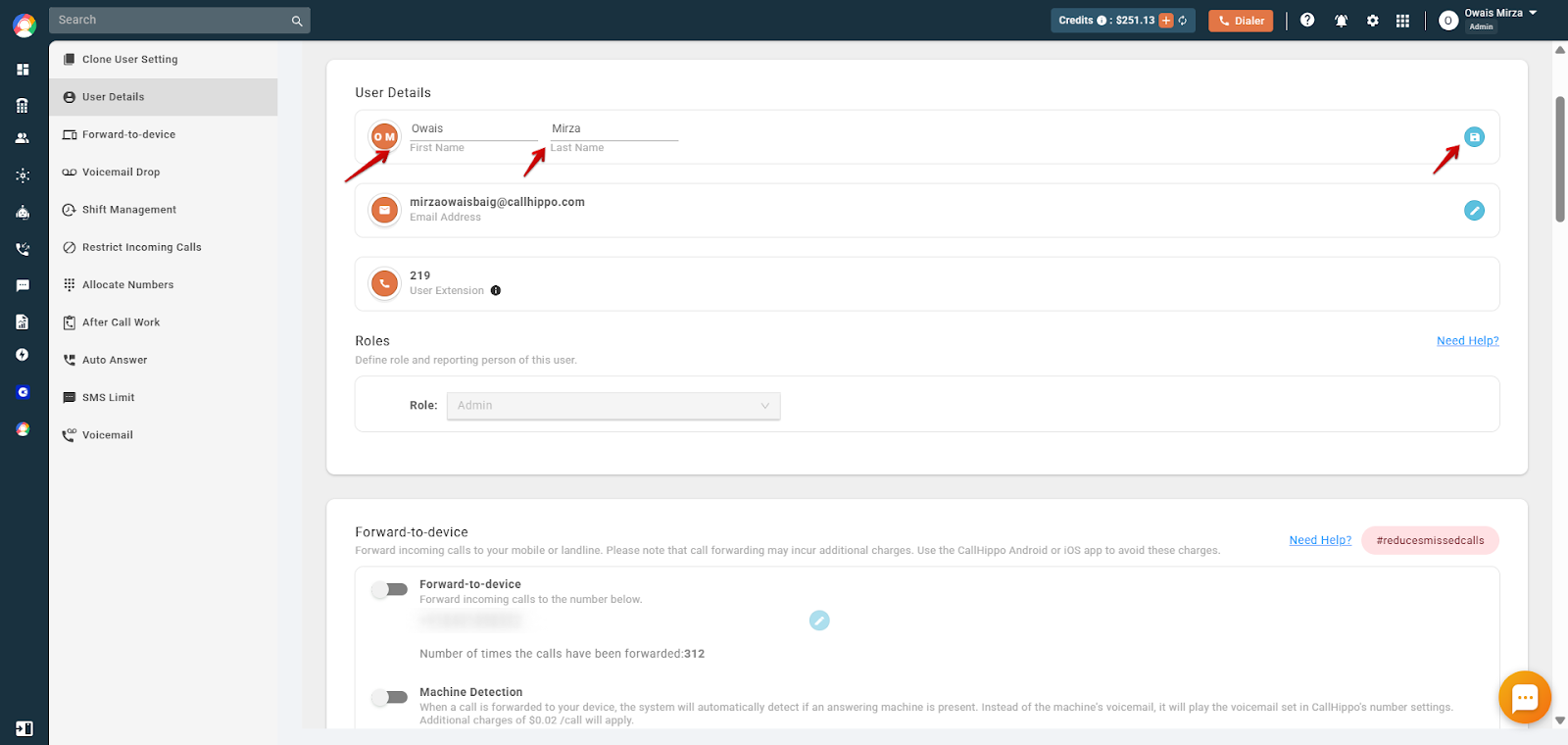 First Name and Last Name fields in edit mode with the Save button highlighted