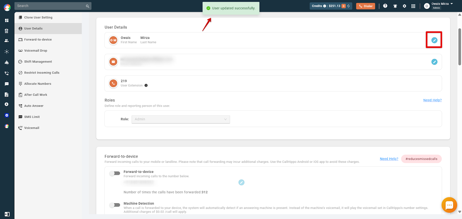 User Details page showing a User updated successfully confirmation message