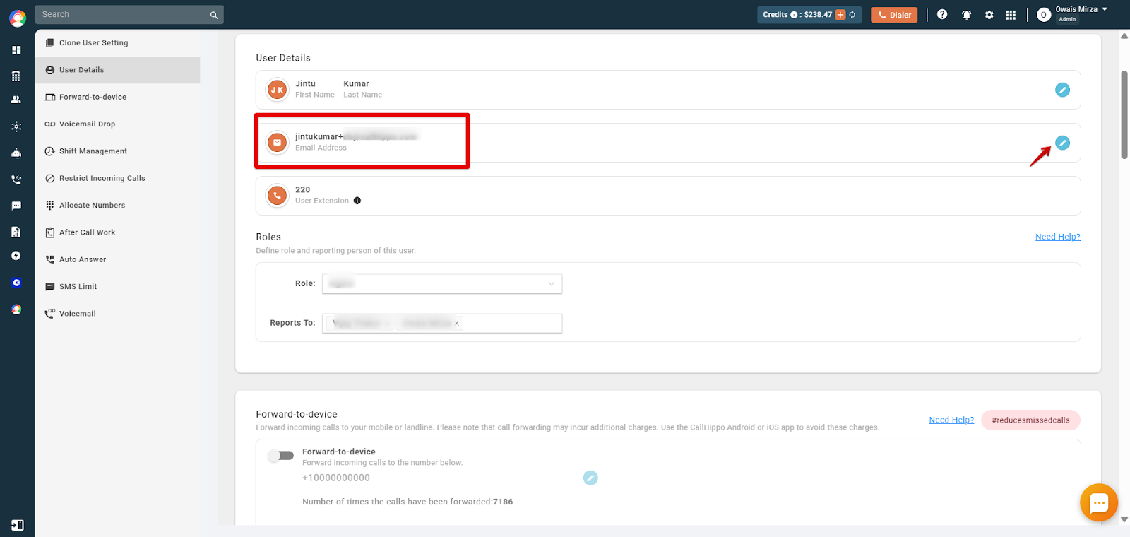 User Details showing the Email Address field with its edit button highlighted