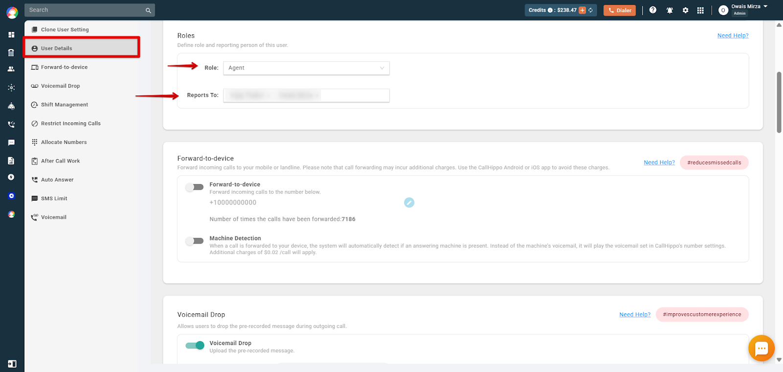 Roles section showing the Role and Reports To fields for a user