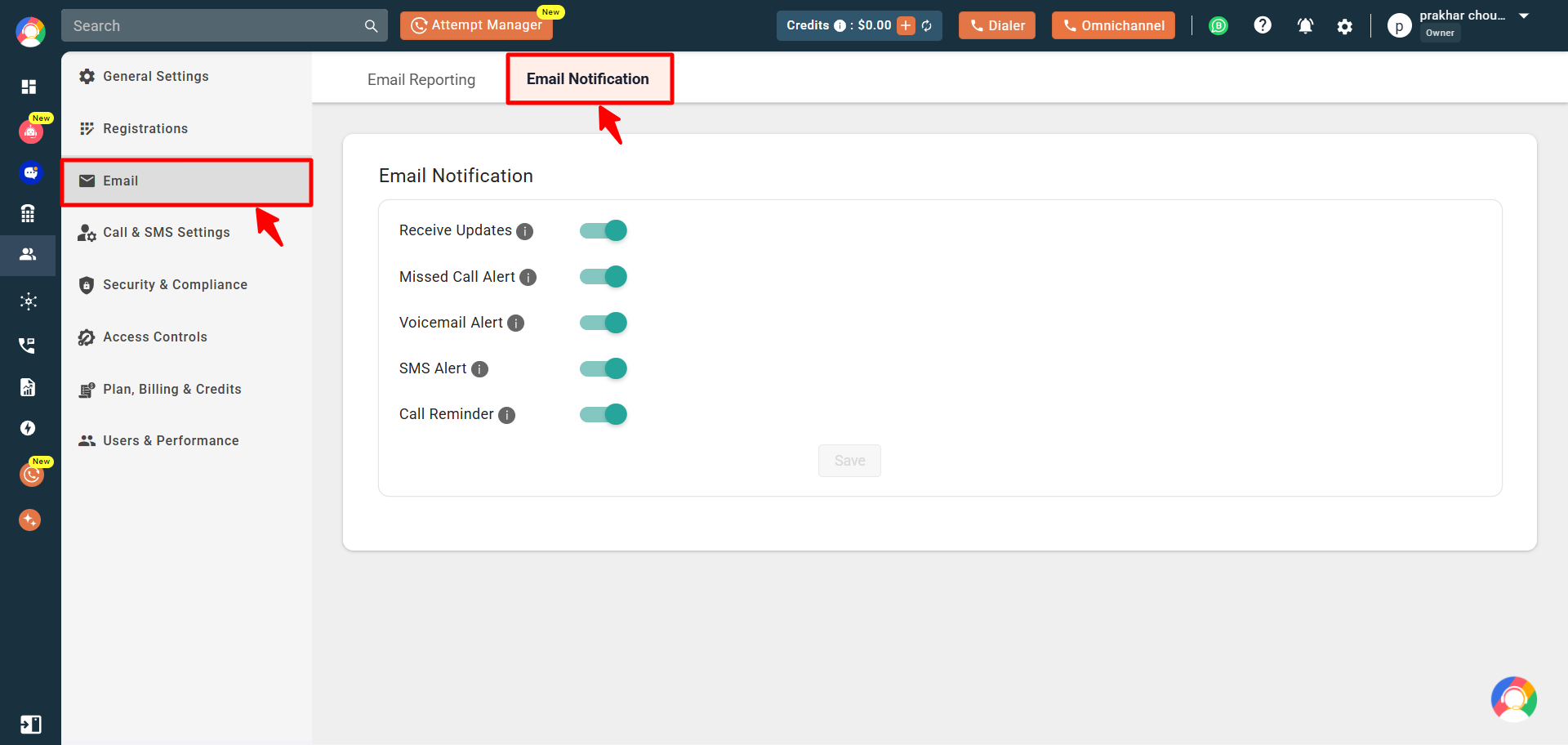 CallHippo Settings Email section with the Email Notification tab open