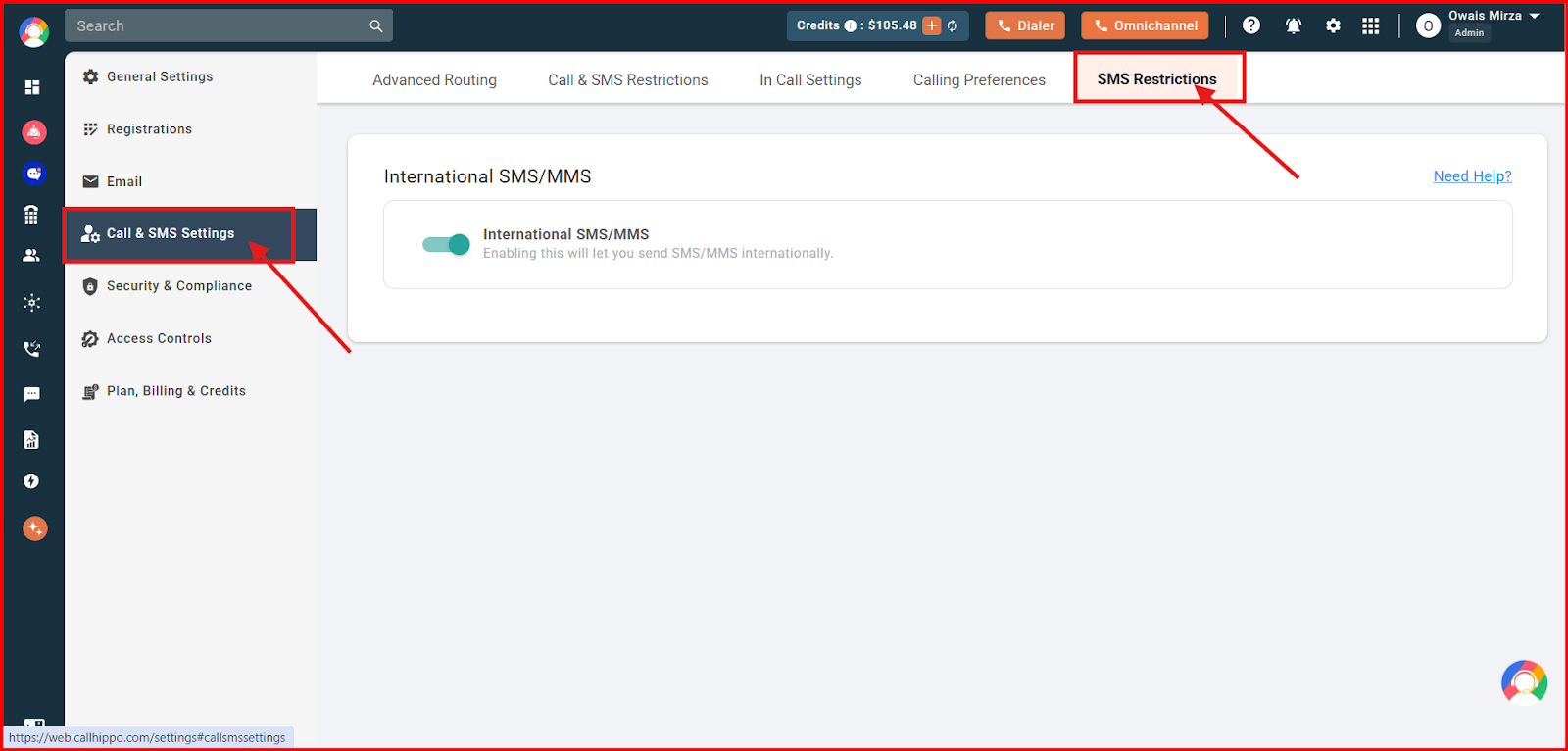 Call and SMS Settings with the SMS Restrictions tab and International SMS/MMS option