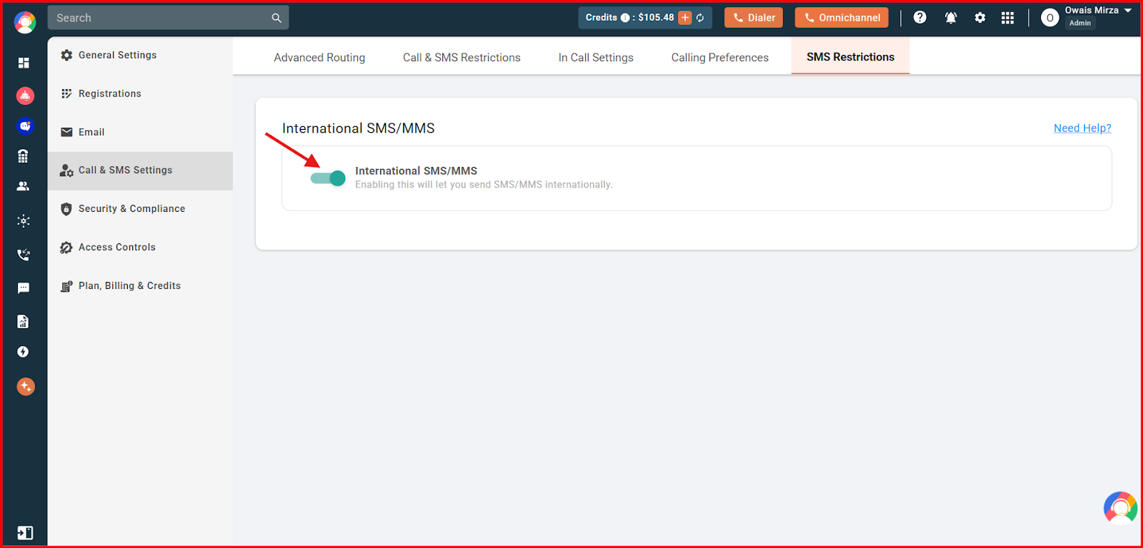 International SMS/MMS toggle enabled in the CallHippo SMS Restrictions settings