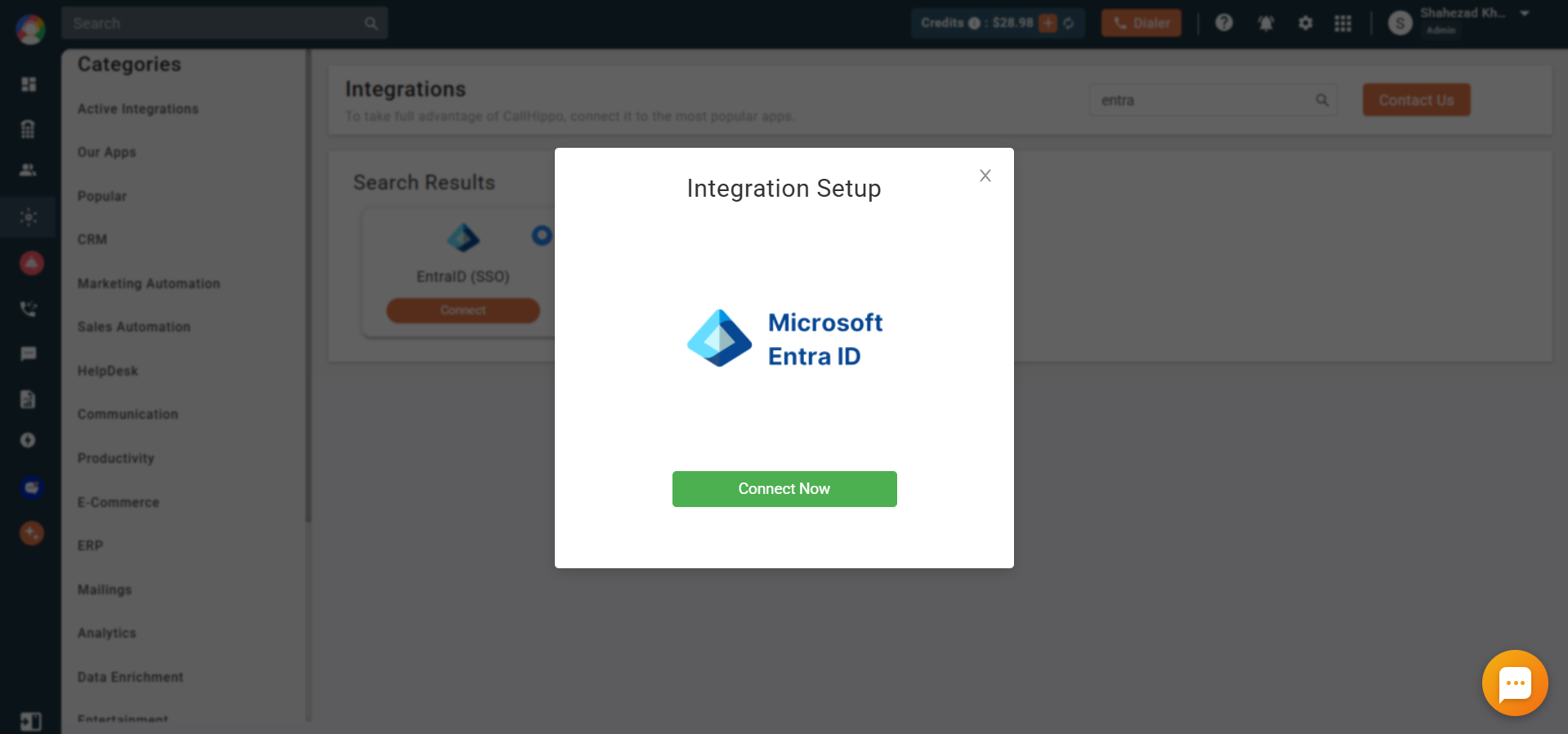 Integration Setup popup for Microsoft Entra ID with a green Connect Now button