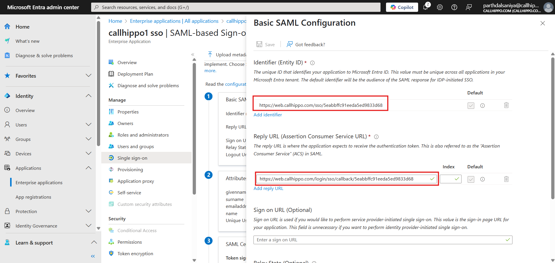 Basic SAML Configuration panel with Identifier Entity ID and Reply URL fields highlighted