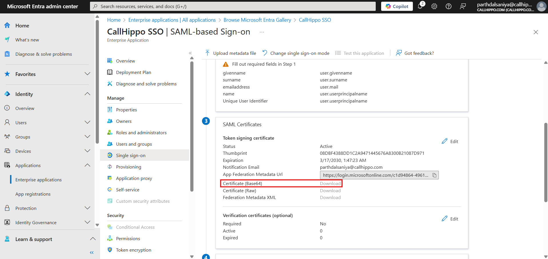 SAML Certificates section with the Certificate Base64 Download link highlighted