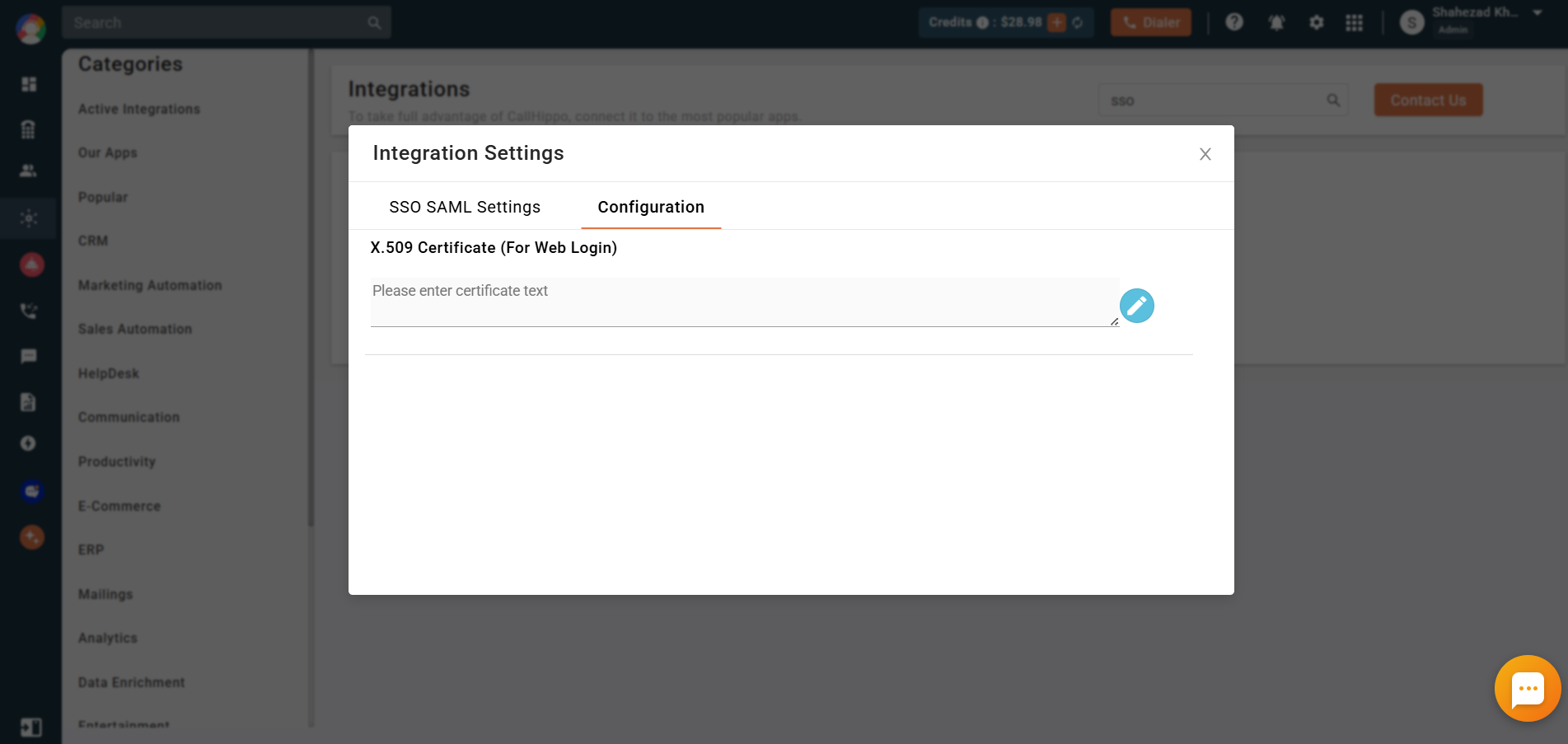 CallHippo Configuration tab X.509 certificate field where the certificate text is pasted