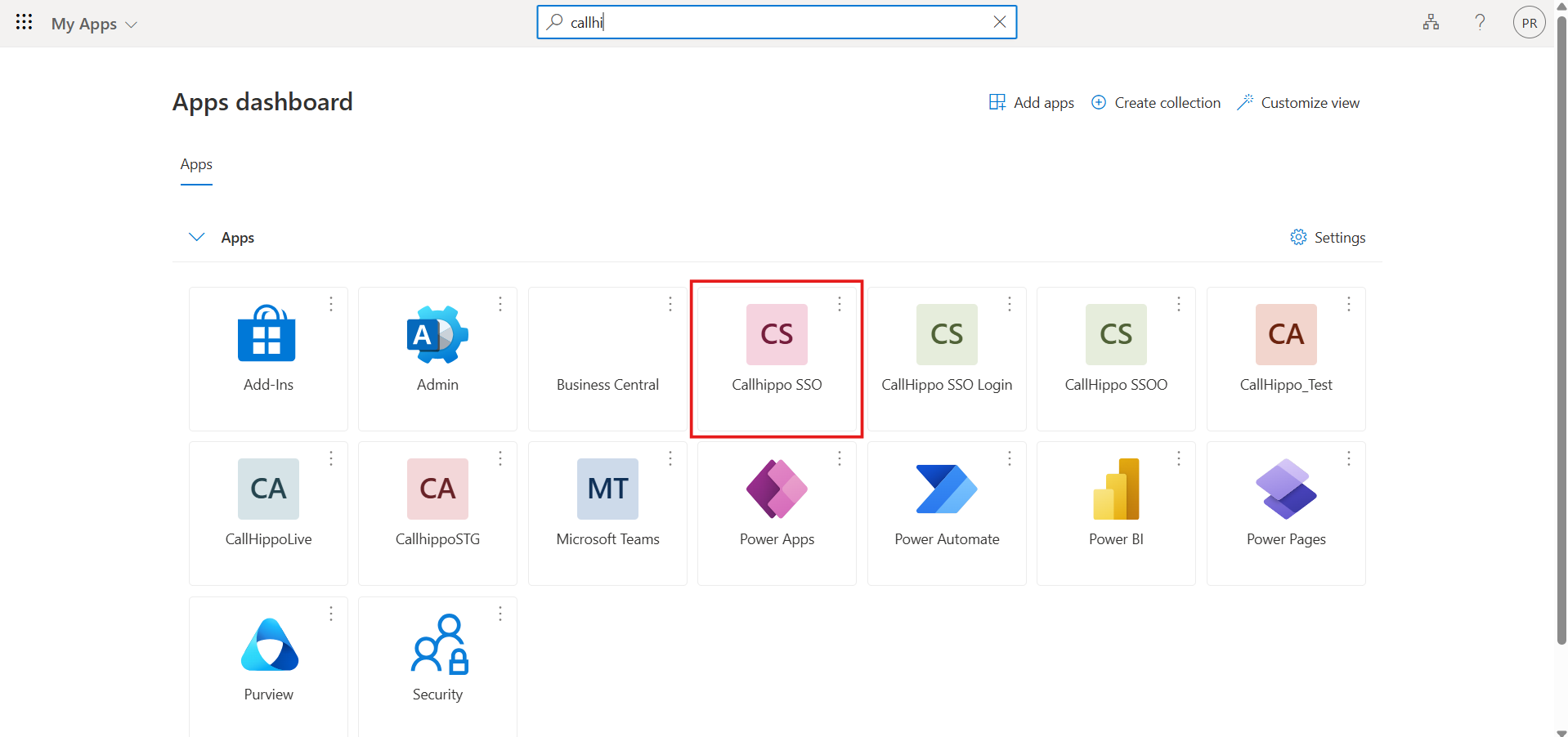 Microsoft My Apps dashboard showing the CallHippo SSO application tile