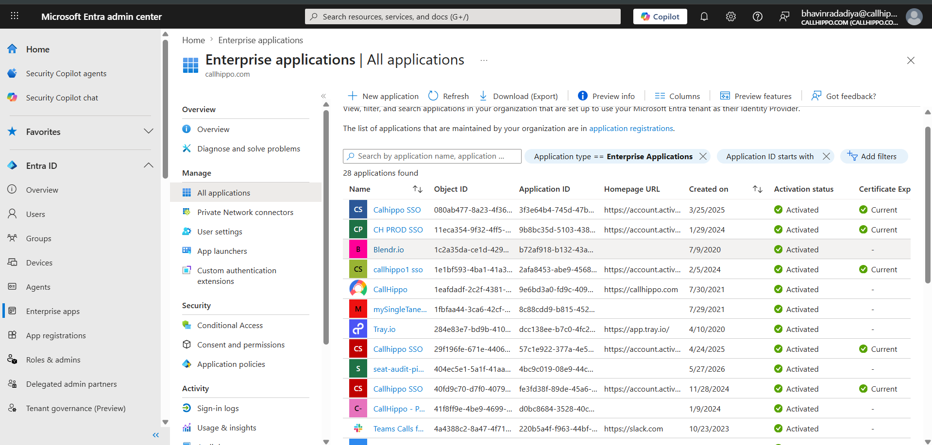 Entra Enterprise applications list used to select the CallHippo SSO application for provisioning