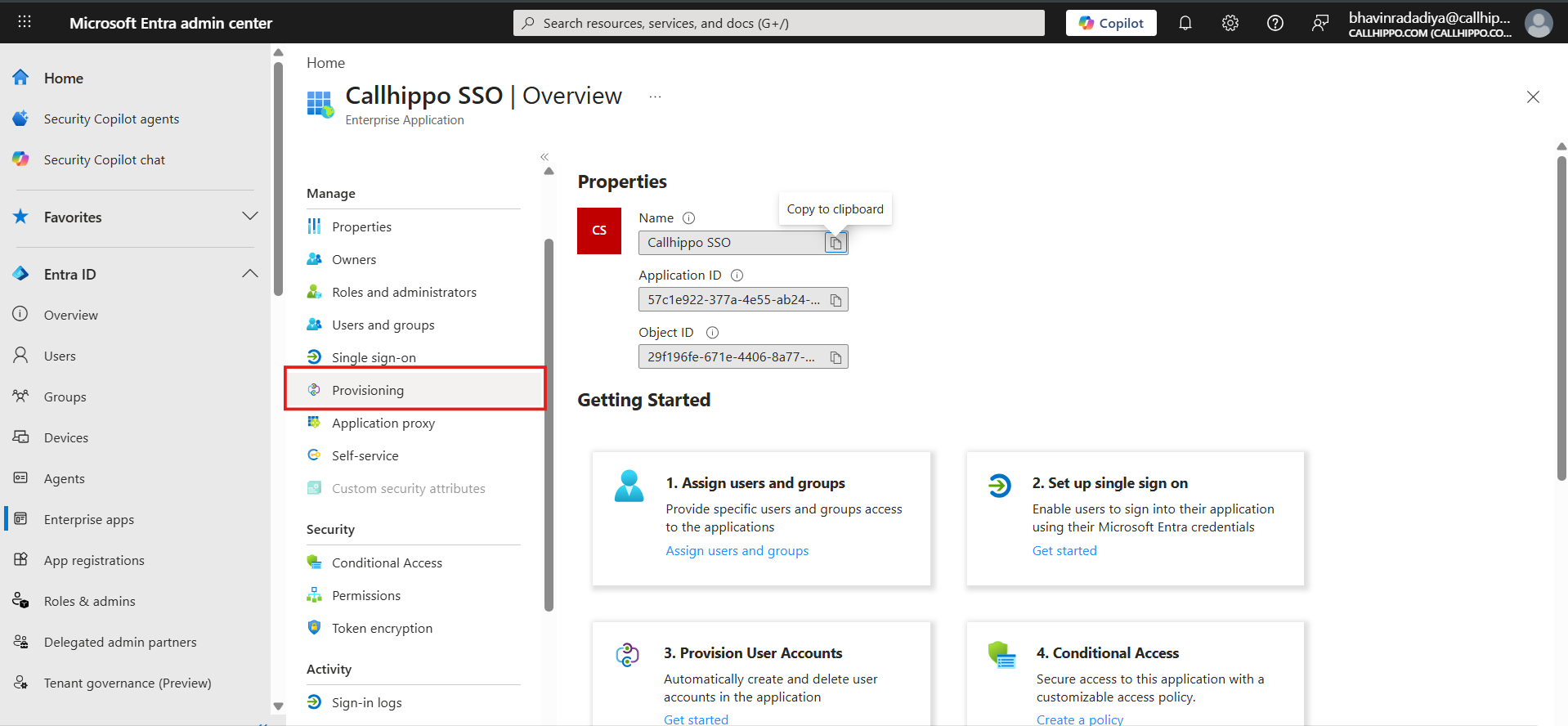 CallHippo SSO application Overview with the Provisioning menu item highlighted