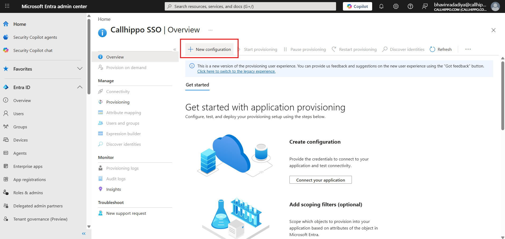 Provisioning Overview with the New configuration button highlighted
