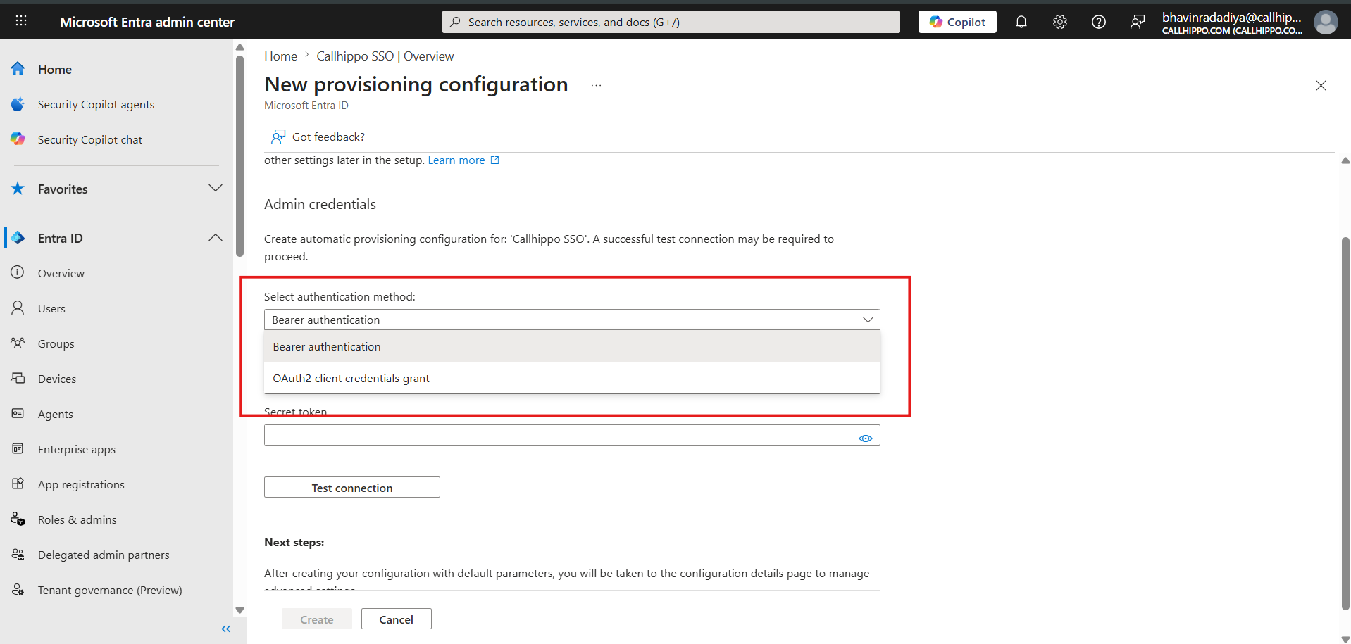 New provisioning configuration authentication method dropdown with Bearer authentication selected