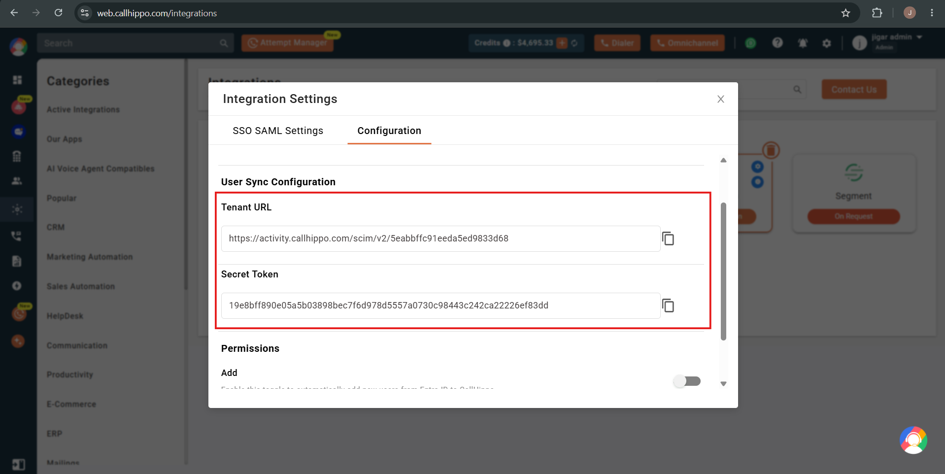 CallHippo Configuration tab User Sync Configuration showing Tenant URL and Secret Token values