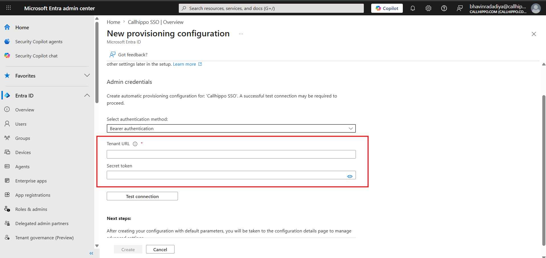 New provisioning configuration with empty Tenant URL and Secret token fields highlighted