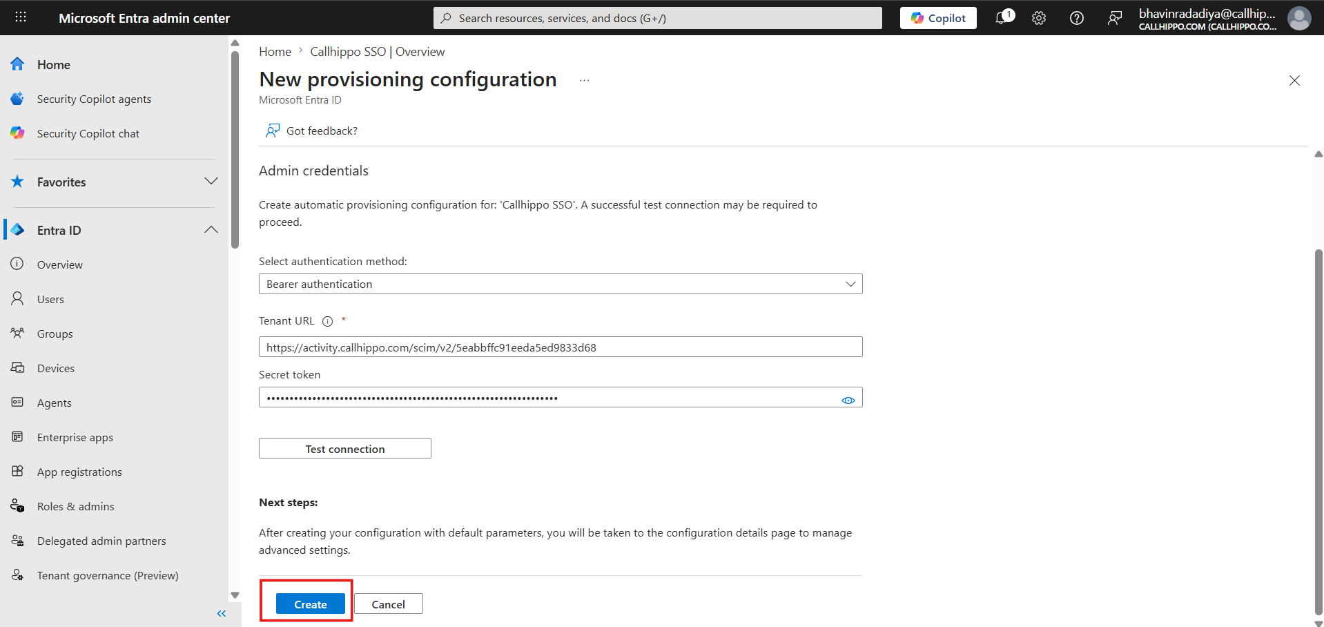 New provisioning configuration with credentials filled in and the Create button highlighted