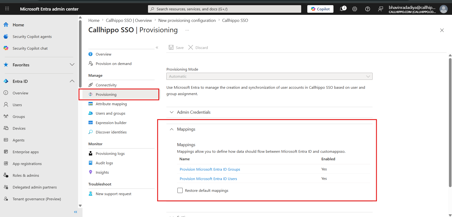 Provisioning page Mappings section listing Provision Microsoft Entra ID Groups and Users