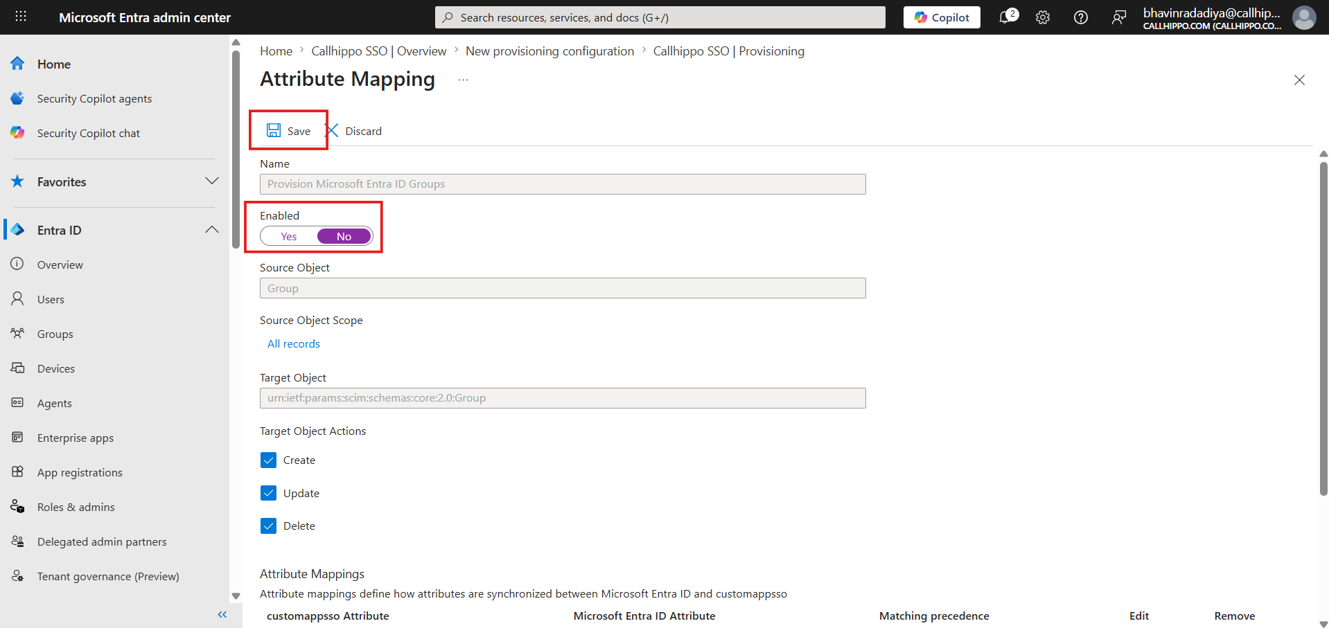 Attribute Mapping for Provision Microsoft Entra ID Groups with Enabled set to No and Save highlighted