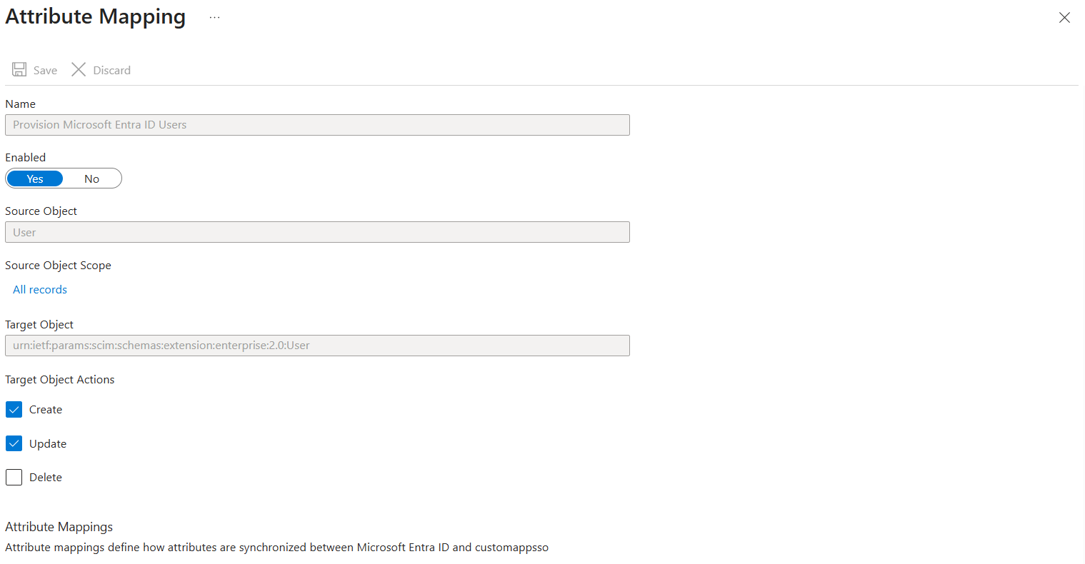 Attribute Mapping for Provision Microsoft Entra ID Users with Enabled set to Yes and Delete unchecked
