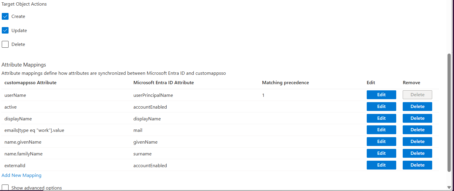 Attribute Mappings table showing SCIM user attributes mapped to Microsoft Entra ID attributes
