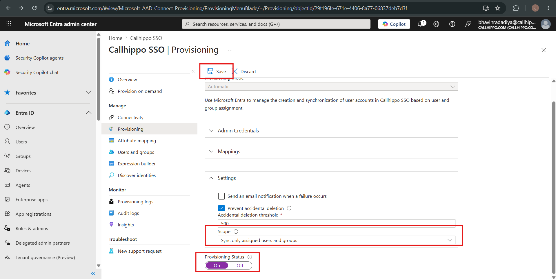 Provisioning Settings with Scope set to Sync only assigned users and groups and Provisioning Status On