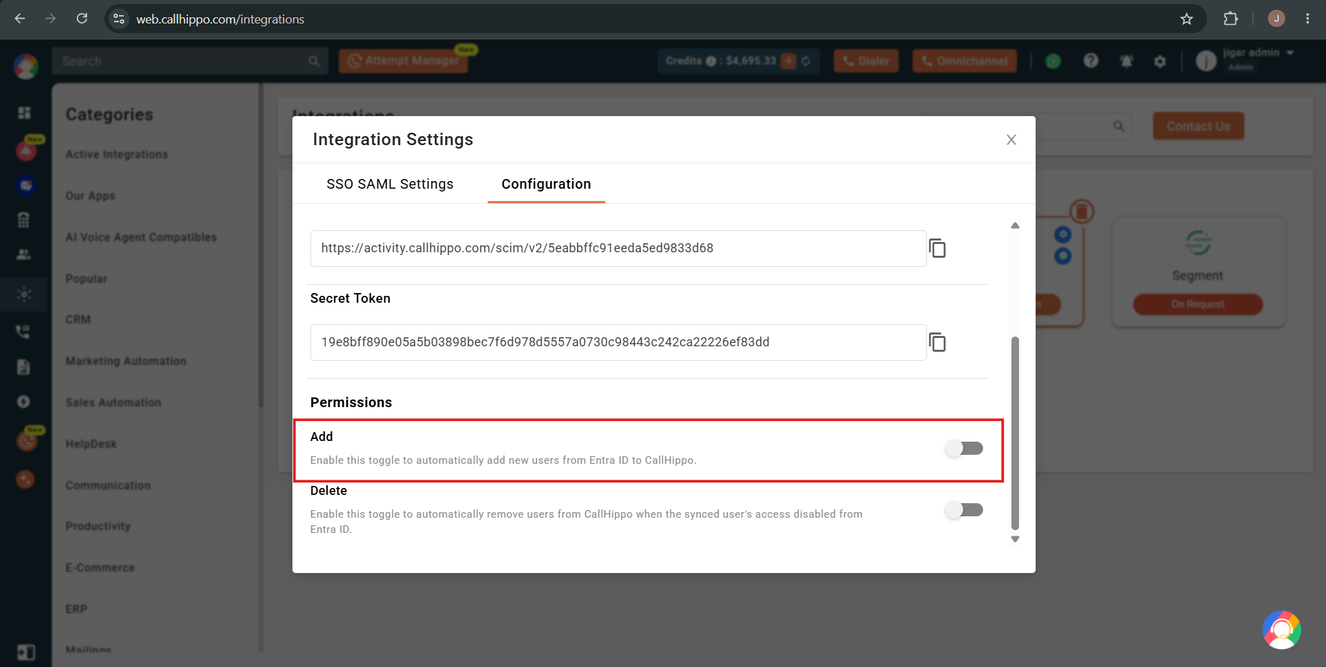CallHippo Configuration tab Permissions section with the Add toggle for auto-adding users highlighted