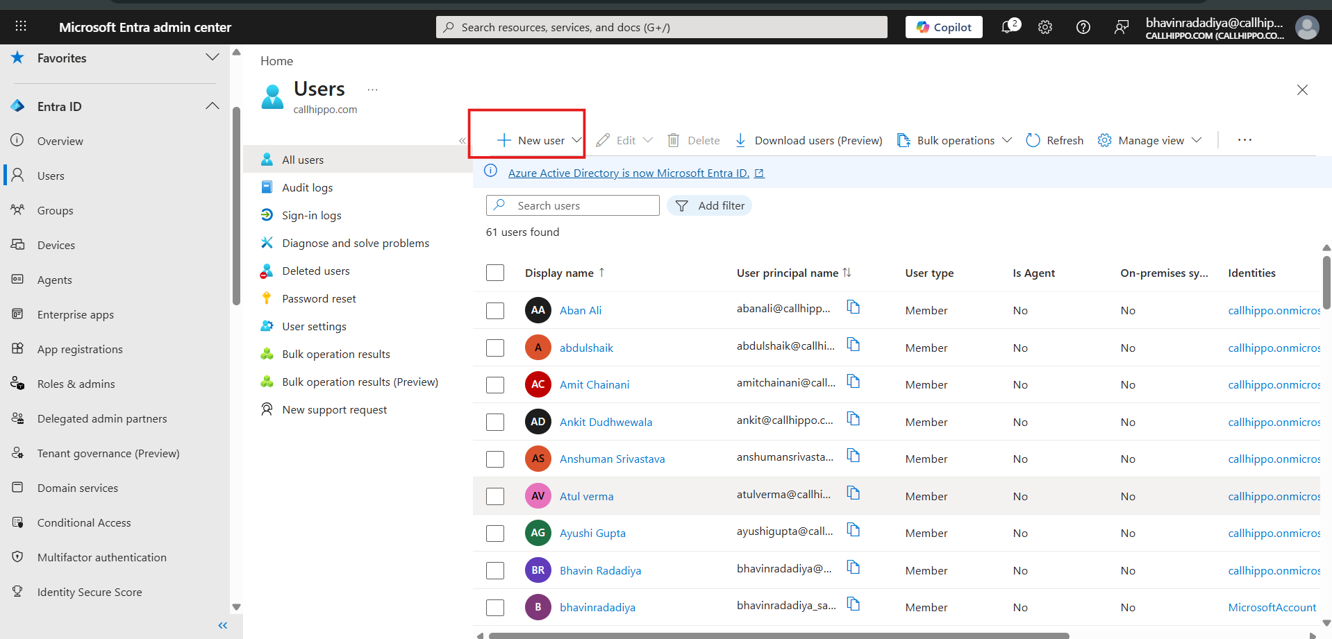 Microsoft Entra Users page with the New user button highlighted