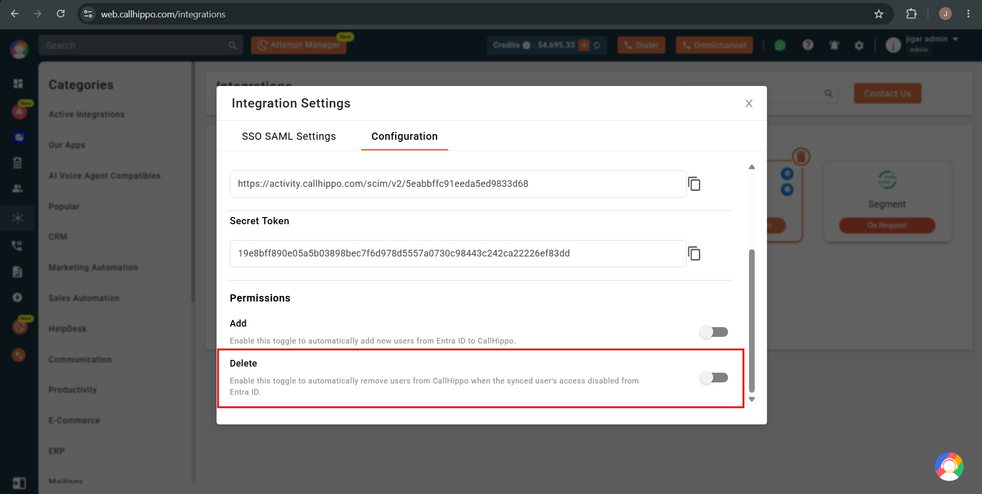 CallHippo Configuration tab Permissions section with the Delete toggle for auto-removing users highlighted