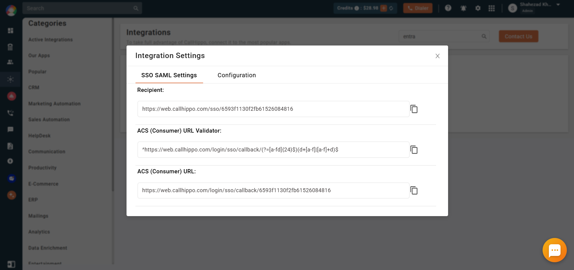 CallHippo Integration Settings SSO SAML Settings tab showing Recipient, ACS URL validator and ACS URL