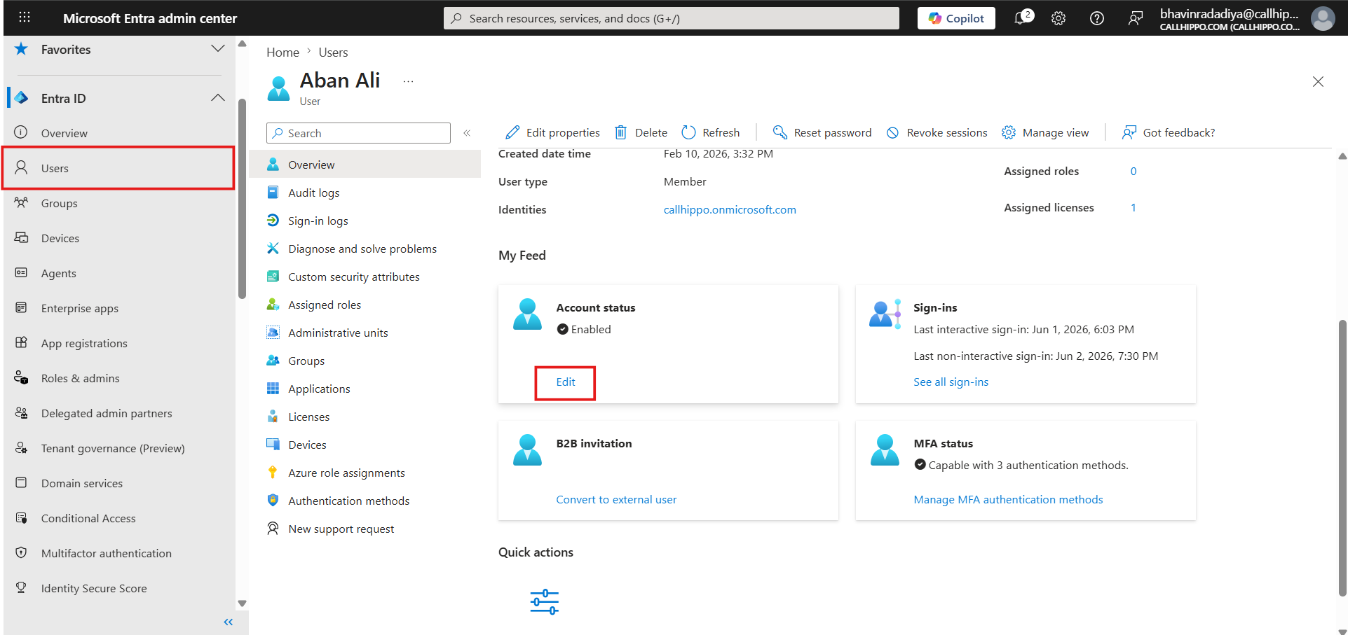 Entra user Overview page with the Edit link under Account status highlighted