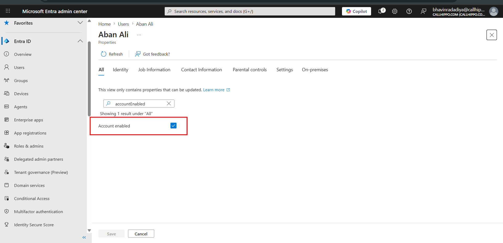 Entra user Properties page with the Account enabled checkbox highlighted