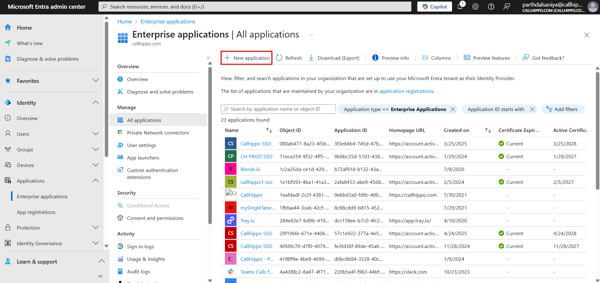 Microsoft Entra Enterprise applications page with the New application button highlighted