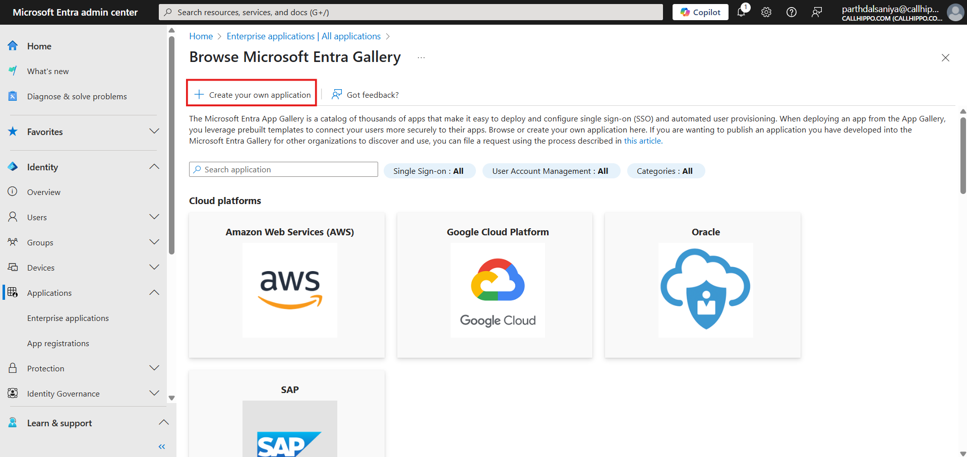 Browse Microsoft Entra Gallery page with the Create your own application button highlighted