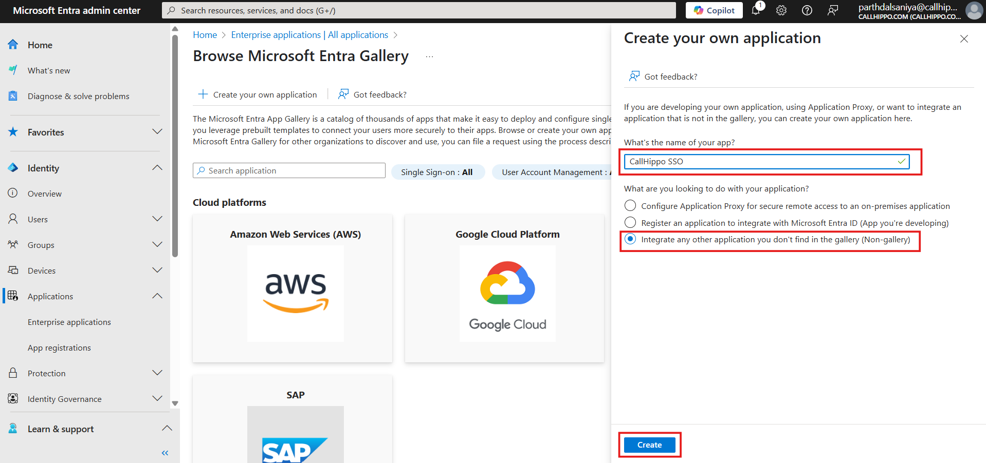 Create your own application panel with app name entered and the non-gallery option selected
